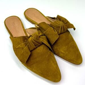 Madewell The Remi Pointed Toe Suede Bow Mules in Spiced Olive